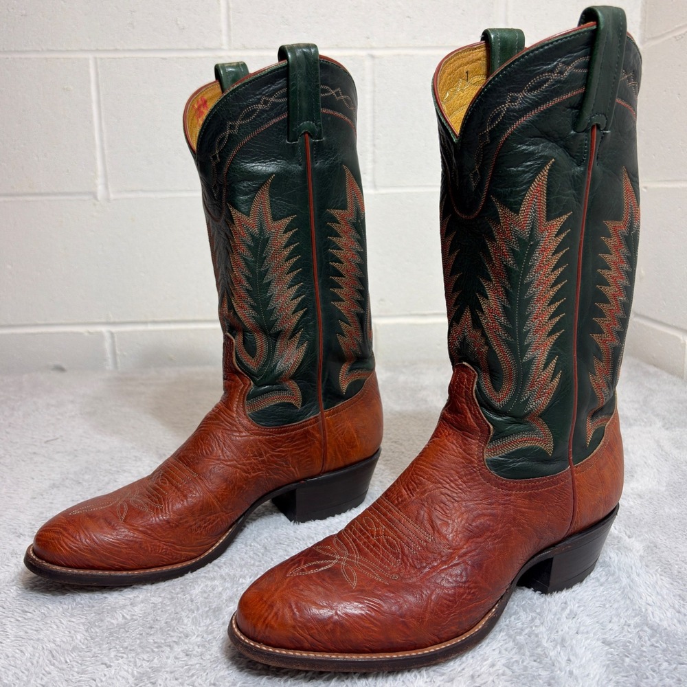 Tony Lama Cowboy Boots Men's 8.5 D Cognac Green Bullhide Leather Western Vintage